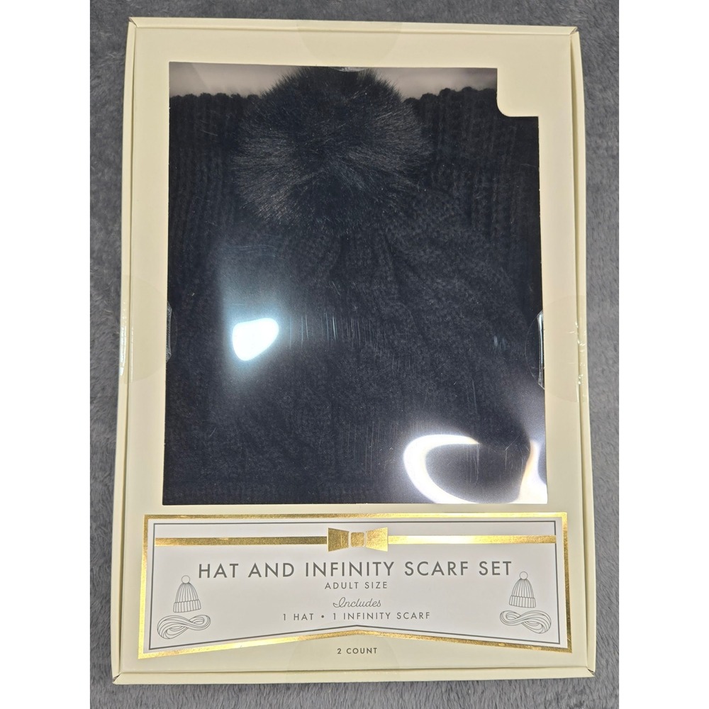 Black Beanie Hat and Infinity Scarf Set with Faux Fur Pom Pom Adult Size New